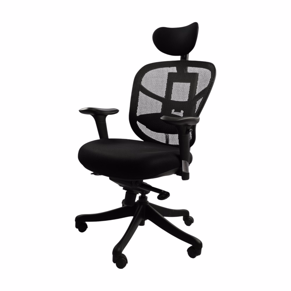 Black ergonomic mesh office chair with headrest and lumbar support, adjustable arms and wheels by W4wood