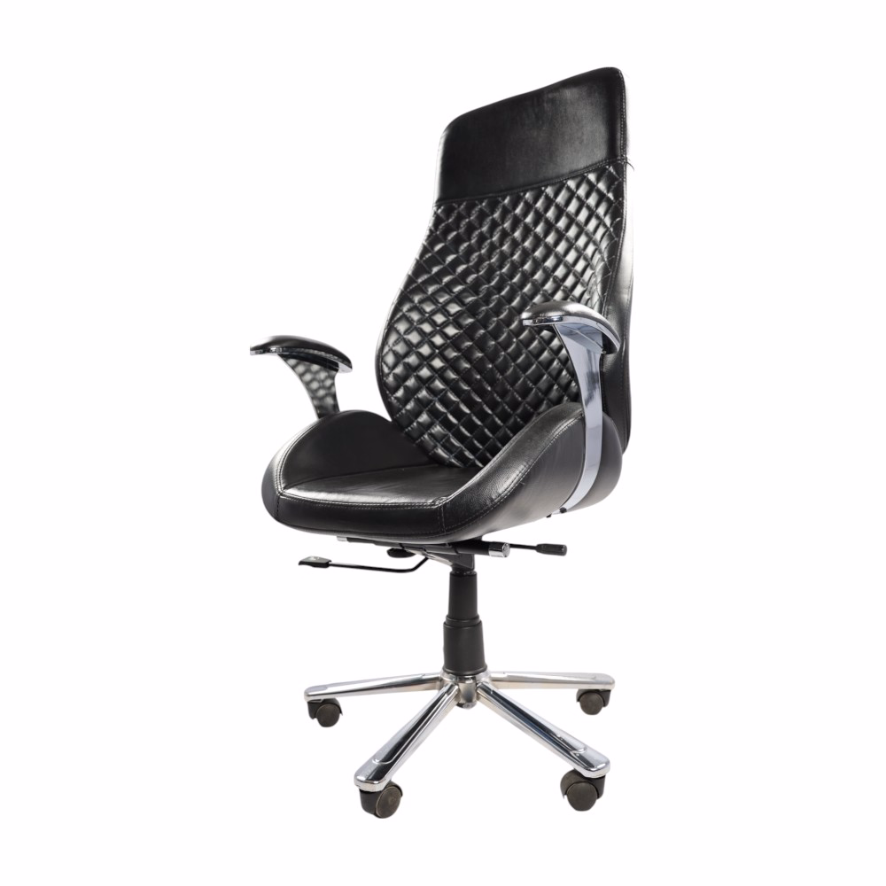 High-back black executive office chair with quilted leather backrest and chrome legs