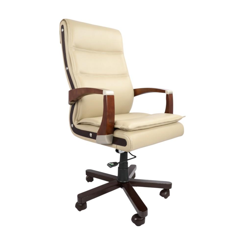 Luxury beige leatherette executive office chair with wooden armrests and base by W4wood