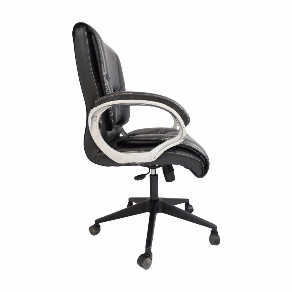Black leatherette mid-back office chair with padded arms and nylon base by W4wood